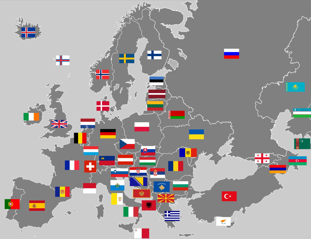 Карта Европы с флагами на территории государств